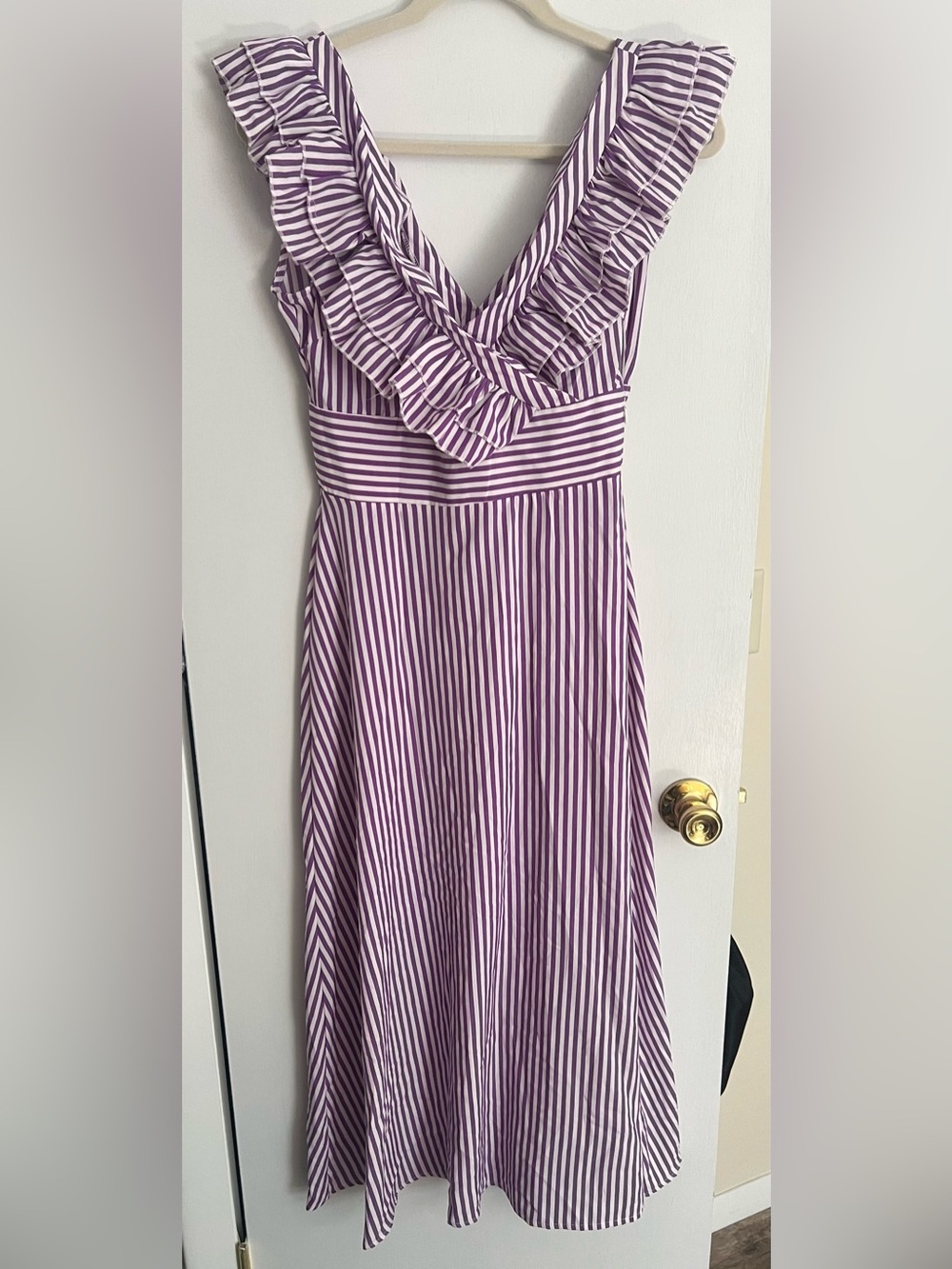 Purple Striped Ruffle V-Neck Maxi Dress